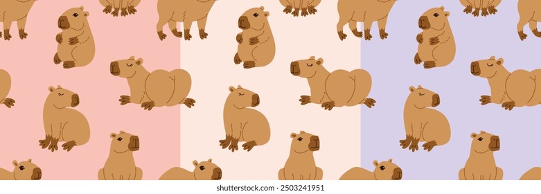 Cute capybara in various poses vector illustration. Funny capibara, adorable exotic animal relaxing standing and sitting. South America mammal seamless pattern for wallpaper wrapping paper.