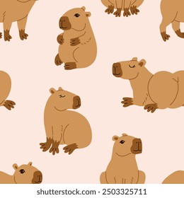 Lindo capibara en varias poses de Ilustración vectorial. Divertido capibara, adorable animal exótico relajante de pie y sentado. Patrón inconsútil del mamífero de América del Sur para el papel de embalaje del Fondo de pantalla.