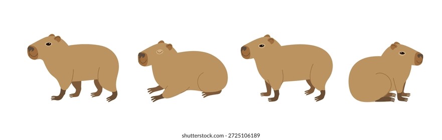 Capibara lindo en varias posiciones aisladas sobre fondo blanco. Vector dibujado a mano doodle ilustración en estilo de moda.