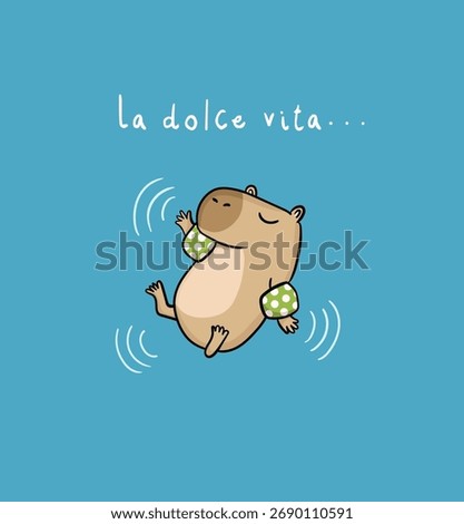 Cute capybara vector.Fun animal t shirt graphics for kids. Illustration of cute capybara swimming on water during summer vacationLittle capybara swimming in the pool. Funny cartoon character.