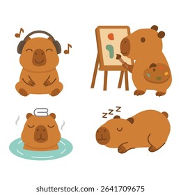 Cute Capybara Vector Cartoon Illustration Set