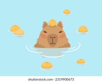 Diseño vectorial de Capibara. Chigüiro en el manantial caliente Onsen japonés. Chigüiro flotando en el agua y naranjas. Dibujo de Kawaii, graciosa ilustración.