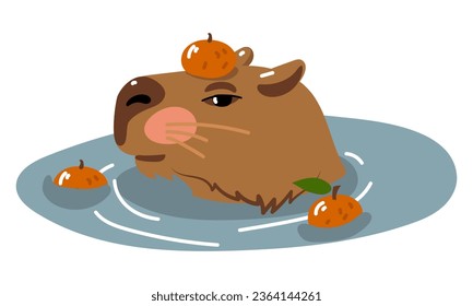 Diseño vectorial de capibara. Capibara en el manantial caliente japonés Onsen con mandarinas. Un capibara flotando en el agua. Dibujo de Kawaii, graciosa ilustración plana aislada. Agua con cítricos