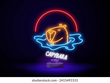 Diseño vectorial de Capibara. Chigüiro en el manantial caliente Onsen japonés. Chigüiro flotando en el agua y naranjas. Dibujo de Kawaii, graciosa ilustración.