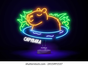 Diseño vectorial de Capibara. Chigüiro en el manantial caliente Onsen japonés. Chigüiro flotando en el agua y naranjas. Dibujo de Kawaii, graciosa ilustración.