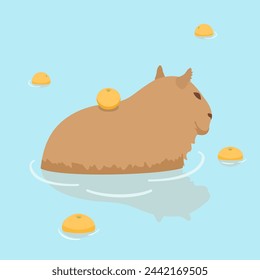 Nettes Capybara Vektor-Design. Capybara auf Japanisch Onsen heiße Quelle. Capybara und Orangen. Flache lustige Illustration.