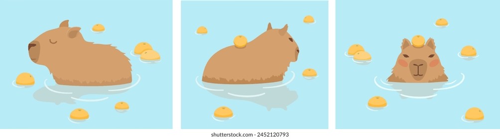 Cute Capybara vector design set. Capybara in Japanese Onsen hot spring. Capybara floating in the water and oranges. Kawaii drawing, funny illustration.