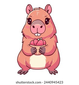 Nette Capybara Vektor-Illustration, Tier, mit einer saftigen Erdbeere in einem Teller, niedlich, Vektor-Illustration	