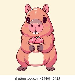 Nette Capybara Vektor-Illustration, Tier, mit einer saftigen Erdbeere in einem Teller, niedlich, Vektor-Illustration	