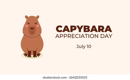 Cute capybara vector illustration. Capybara Appreciation Day greeting card. Children’s animal holiday poster, kawaii pet lover banner, rodent mascot, character design for social media, website.
