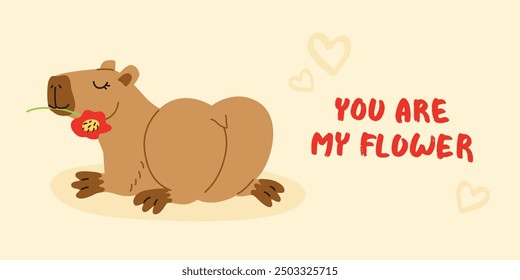 Anuncio de Ilustración vectorial de capibara lindo Divertido capibara, adorable animal exótico relajante de pie y sentado impresión o cartel de mamíferos de América del Sur. Plantilla de Vector aislada plana de dibujos animados