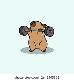 Cute capybara vector illustration lifting a barbell with effort and charm – perfect for fitness-themed and animal-themed designs.