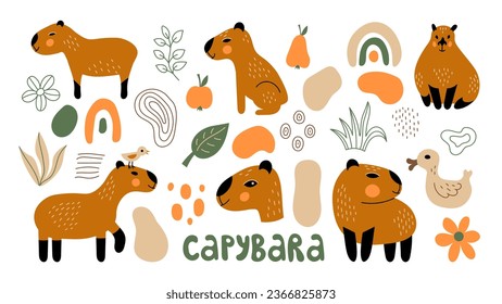 Cute capybara vector set. Trendy exotic animal colorful elements collection with doodles. Capybara illustration, sticker, clipart