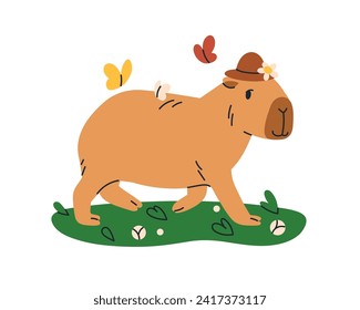 Un bonito capibara caminando. Es curioso el adorable capibara yendo, paseando por la naturaleza. Feliz animal dulce de capy, roedor en sombrero en las vacaciones de verano. Ilustración vectorial plana para niños aislados en fondo blanco