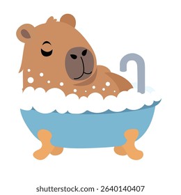 Cute Capybara is Washing in Bath. Hand Drawn Vector Art.