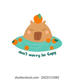 Cute capybara capybara in water with orange fruits. Funny animal character, cool isolated element, posters, cards. Adorable nice animal. Childish hand drawn capy pet vector illustration, summer vibe.