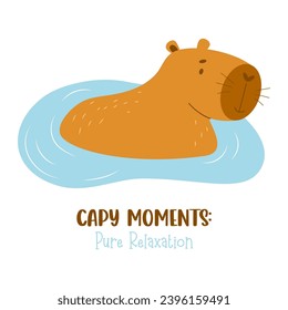 Cute capybara in water. Postcard with funny animal character rodent. Vector illustration in flat style for cards, design, t-shirt design, print, kids collection