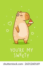 Cute сartoon capybara with watermelon on green background - funny animal for Your happy summer greeting card design
