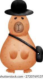 Capibara lindo que lleva el sombrero negro y la ilustración del Clipart del Vector del bolso