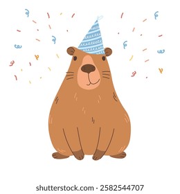 Cute capybara wearing a festive hat. Happy capybara. Holiday card, birthday card, greeting card. Flat illustration on white background