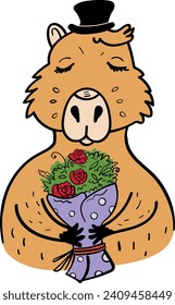 Cute Capybara Wearing a Flowered Hat Holding Blooms Cartoon Vector Illustration Vector Illustration