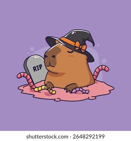 capivara bonito usando chapéu de bruxa halloween em cemitério. ilustração vetor