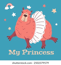 Cute capybara wearing a princess skirt on a blue background filled with stars and rainbows. Poster vector illustration perfect for baby card design in flat cartoon style with space for text.