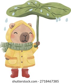 Capybara lindo que lleva el impermeable con el paraguas de la hoja