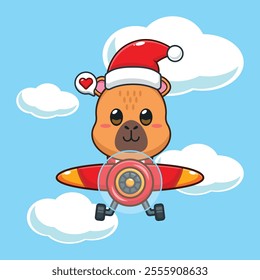 Cute capybara wearing santa hat fly with plane. CCartoon vector illustration in Christmas day.