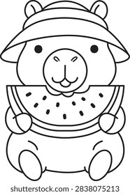 Cute Capybara Wearing Sun Hat Eating Fresh Watermelon Slice coloring page