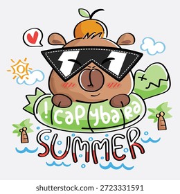 El capibara lindo está usando las gafas de sol y está dentro de un anillo inflable verde en forma de dinosaurio con el ambiente del verano, diseño de la camiseta para los niños.