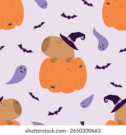 Cute capybara wearing witch hat in pumpkin pattern