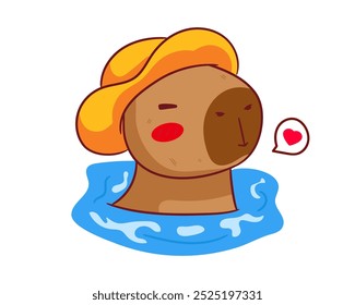 Cute Capybara wearing yellow hat Cartoon Vector. Adorable and Kawaii Animal Concept Design. Hand drawn style. Icon Mascot Logo Illustration. Isolated White Background.