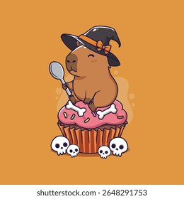 Bela Bruxa de Capybara em um bolo de Halloween. Ilustração vetorial
