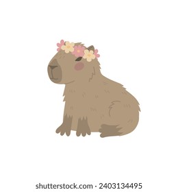 Cute capybara in a wreath of flowers