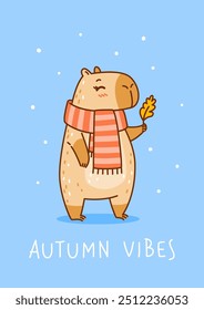 Cute сartoon capybara with yellow leaf - funny animal for Your cozy autumn design