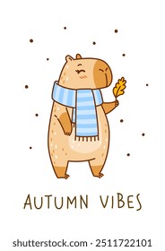 Cute сartoon capybara with yellow leaf isolated on white - funny animal for Your cozy autumn design