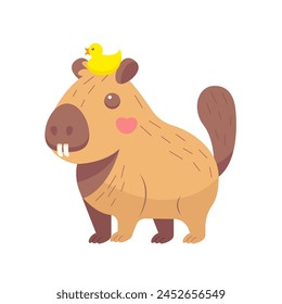 Nette Capybara mit gelber Gummiente auf dem Kopf. Fanny Amüsante Kawaii Baby Wasser Schwein Charakter. Flache Vektorillustration.	