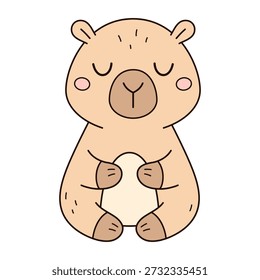 Capybara lindo en una pose de la yoga, Capybara medita, roedor divertido aislado en el fondo blanco. Ilustración animal dibujado a mano Kawaii.
