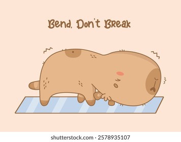 Cute capybara yoga standing is stretched on mat. Funny Cartoon kawaii animal sportsman with motivational fitness quote. Vector illustration