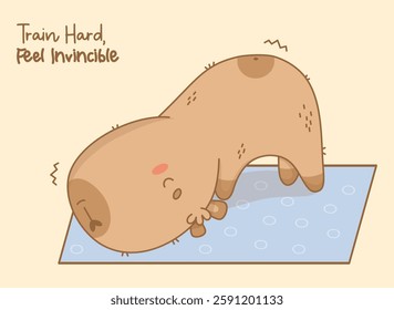 Cute capybara yoga stretching on mat. Funny Cartoon kawaii animal sportsman with motivational fitness quote. Vector illustration