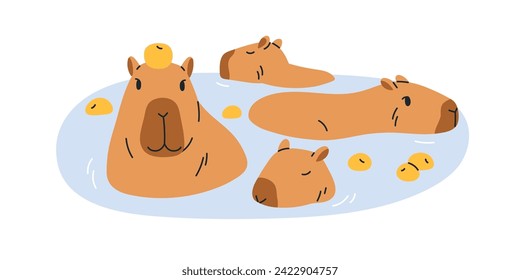 Cute capybaras bathing, Happy funny capy characters swimming in water. Lazy animals, adorable sweet capibaras relaxing. Childish kids flat vector illustration isolated on white background