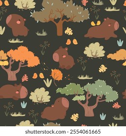 Cute capybaras, birds and plants seamless pattern. Cartoon animals and nature.