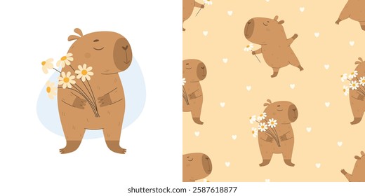 Cute capybaras with a bouquet of flowers