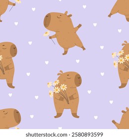 Cute capybaras with a bouquet of flowers pattern