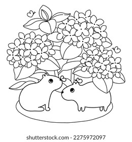 Cute capybaras with butterflies under hydrangea bush. Simple character design. Coloring page for children. Vector black and white illustration.