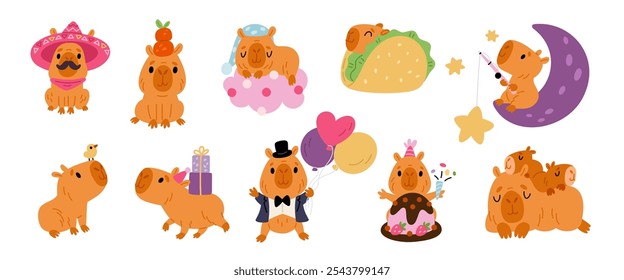 Cute capybaras. Cartoon exotic animal characters. Large rodents with baby. Jungle inhabitants. Wild nature creature. Happy rat with cake. Mammal sleeping in burrito