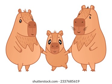 La familia de personajes de los capibaras se queda de la mano. Mamá, papá e hijo. Etiqueta de animales de dibujos animados. Ilustración del vector