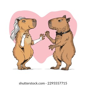 Cute capybaras couple, bride and groom with wedding clothes, ring and pink heart shape, invitation card or for valentine’s day vector illustration