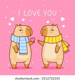 Cute сartoon capybaras couple with heart  - funny animals for Your Valentines day design